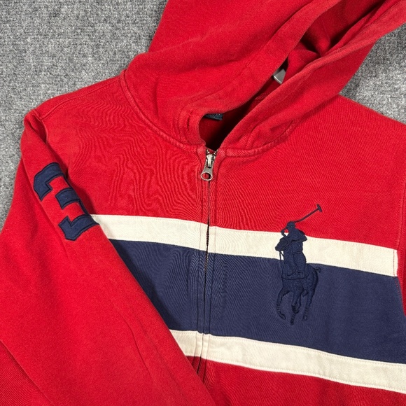 Vintage Polo Ralph Lauren Big Pony Zip Up Hoodie Youth Large 14-16 Red Blue - Picture 3 of 9